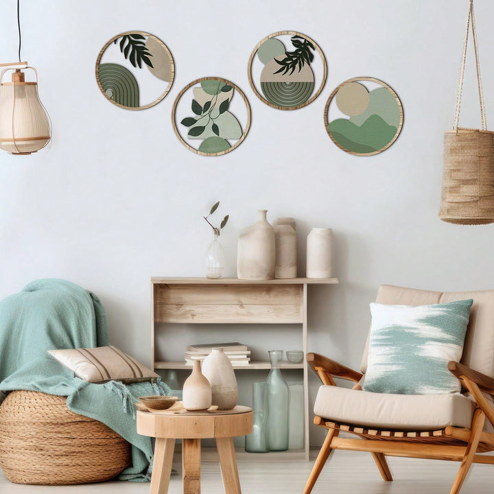 DOUCE & MIDA™ | 4 PIECES OF GREEN WOODEN WALL ART
