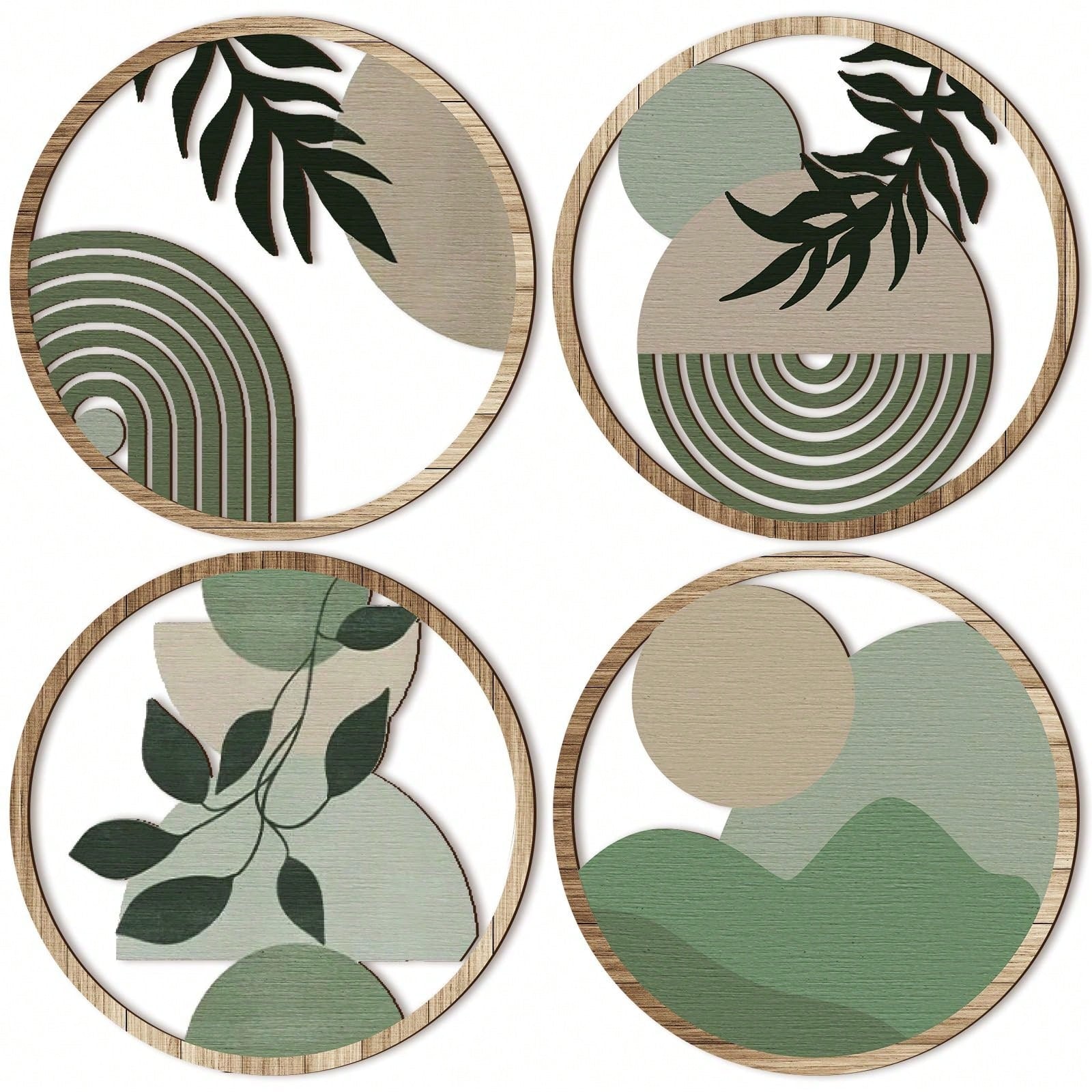 DOUCE & MIDA™ | 4 PIECES OF GREEN WOODEN WALL ART