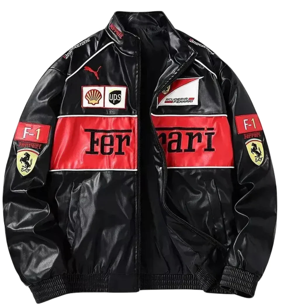 FERRARI VINTAGE F1 LEATHER RACING JACKET – RED EDITION