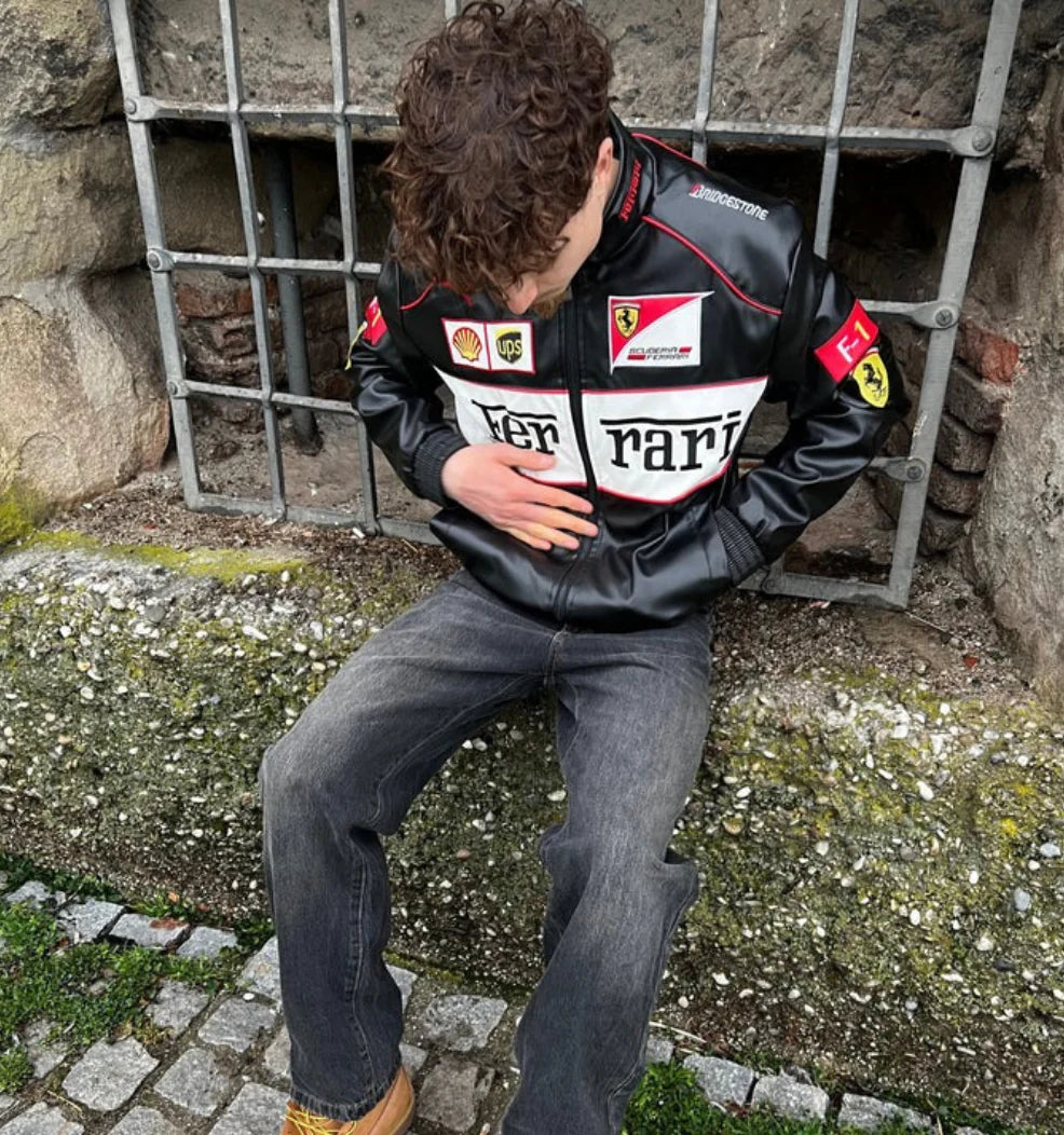 FERRARI VINTAGE F1 LEATHER RACING JACKET – WHITE EDITION