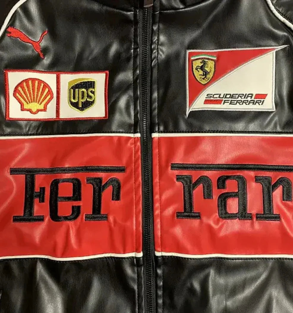 FERRARI VINTAGE F1 LEATHER RACING JACKET – RED EDITION