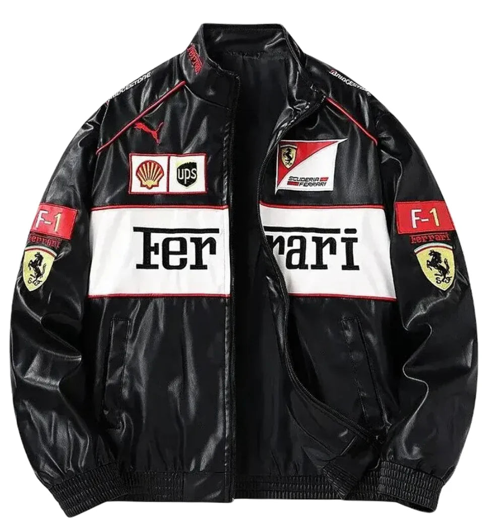 FERRARI VINTAGE F1 LEATHER RACING JACKET – WHITE EDITION