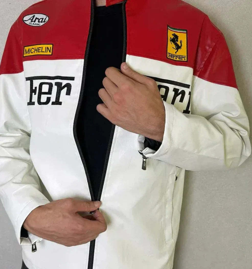 WHITE LEATHER F1-STYLE RACING JACKET