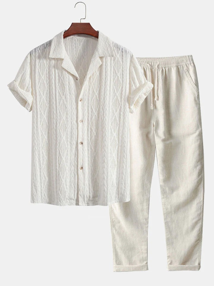 GEOMETRIC JACQUARD CUBAN-STYLE SHIRT AND STRAIGHT-CUT LINEN TROUSERS.