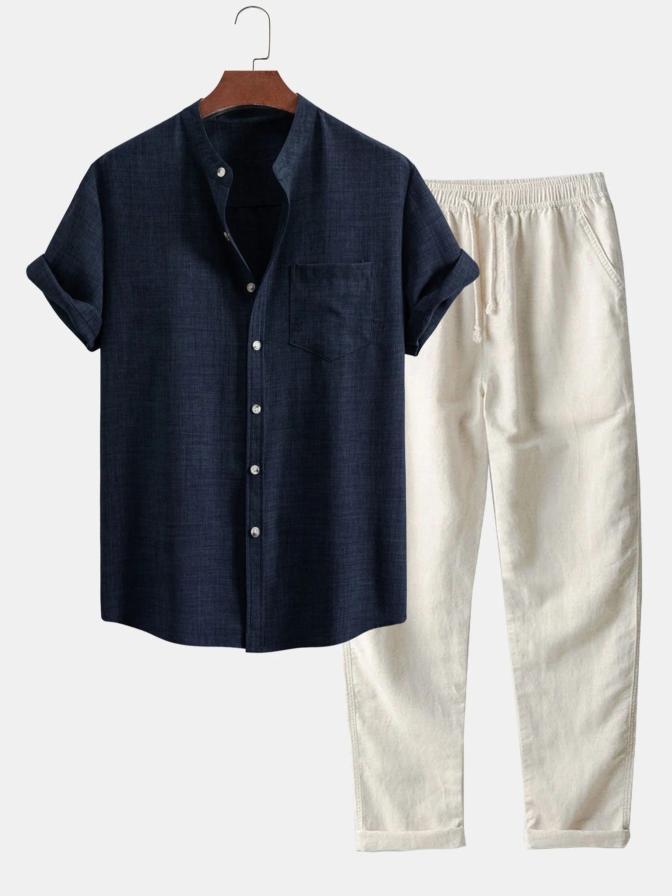 SHORT-SLEEVED SHIRT WITH STAND-UP COLLAR AND STRAIGHT-CUT LINEN TROUSERS