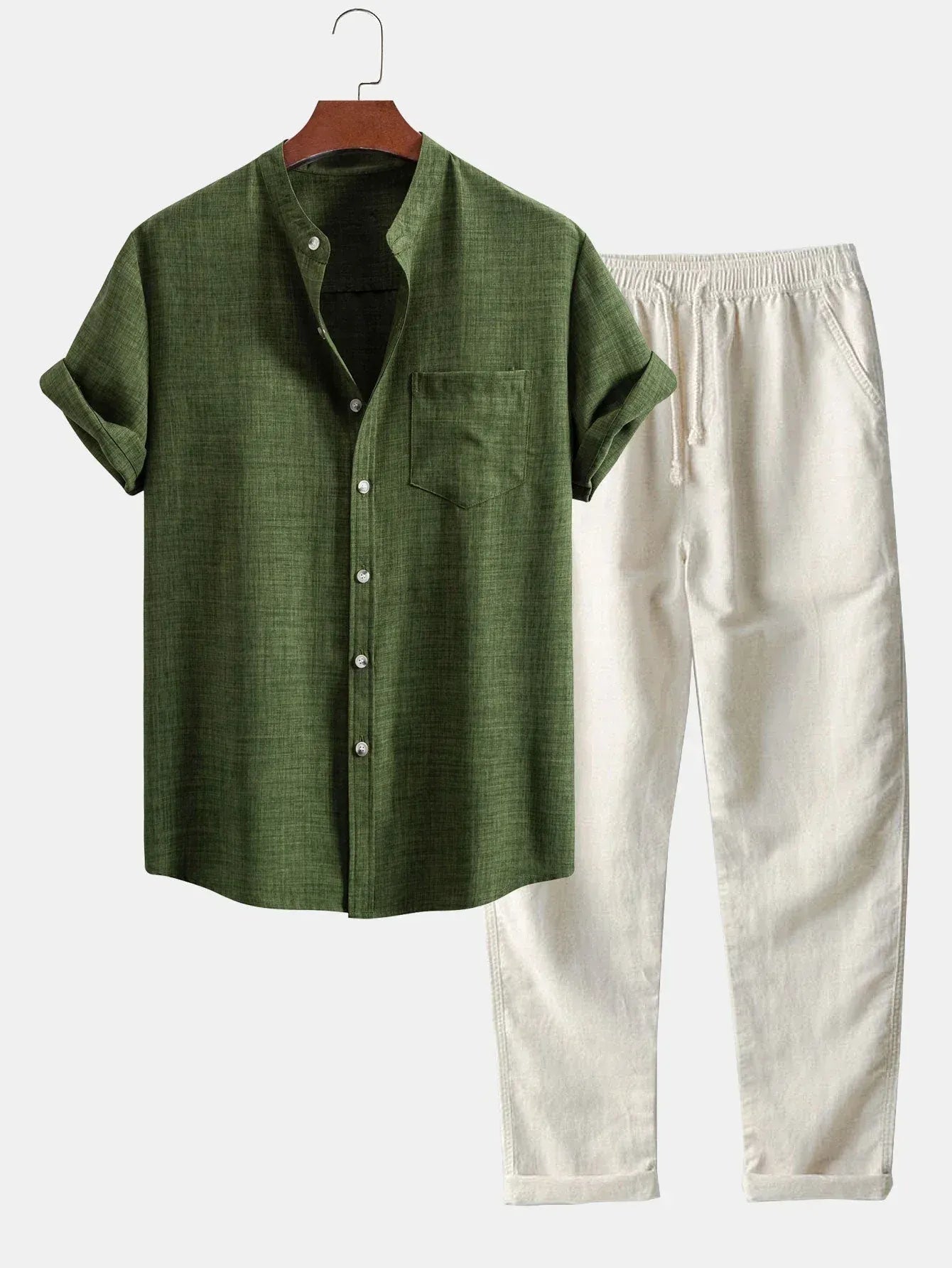 SHORT-SLEEVED SHIRT WITH STAND-UP COLLAR AND STRAIGHT-CUT LINEN TROUSERS