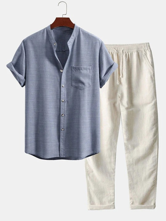 SHORT-SLEEVED SHIRT WITH STAND-UP COLLAR AND STRAIGHT-CUT LINEN TROUSERS