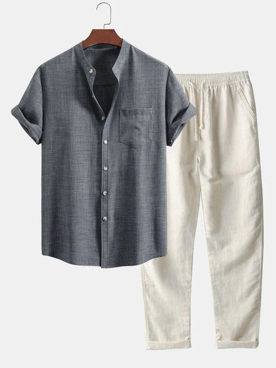 SHORT-SLEEVED SHIRT WITH STAND-UP COLLAR AND STRAIGHT-CUT LINEN TROUSERS
