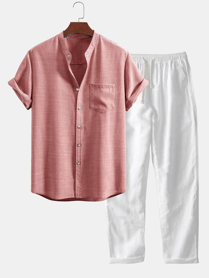 SHORT-SLEEVED SHIRT WITH STAND-UP COLLAR AND STRAIGHT-CUT LINEN TROUSERS