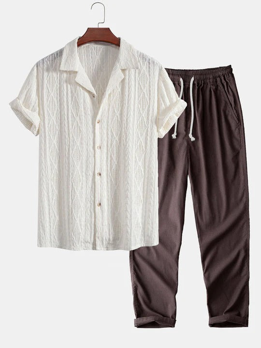 GEOMETRIC JACQUARD CUBAN-STYLE SHIRT AND STRAIGHT-CUT LINEN TROUSERS.