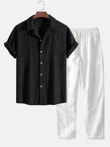 GEOMETRIC JACQUARD CUBAN-STYLE SHIRT AND STRAIGHT-CUT LINEN TROUSERS.